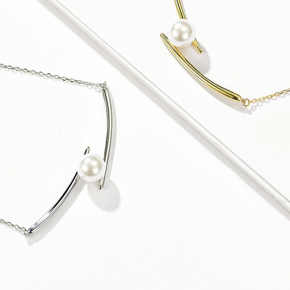 NEW Silver Gold Curved Line Stick Pearl Necklace - Picture 2 of 6